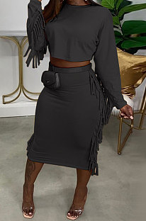 Black Simple Women,s Preppy Long Sleeve Loose Tops High Waist Wrap Skirts Plain Color Tassel Sets H1750-1