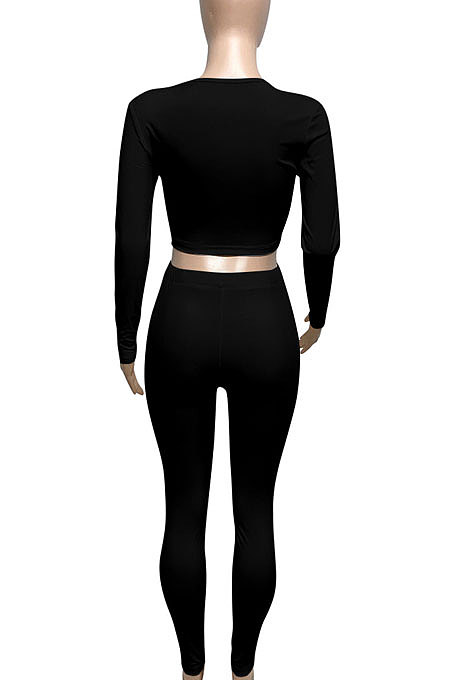 White Women Ribber V Collar Long Sleeve Solid Color Bodycon Jumpsuits Pants Sets Q979-1