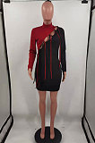 Red Black Nigh Club Sexy Spliced Bandage Tassel Long Sleeve High Neck Bodycon Hip Dress HH10010-2