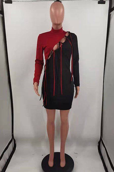 Red Black Nigh Club Sexy Spliced Bandage Tassel Long Sleeve High Neck Bodycon Hip Dress HH10010-2