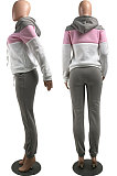 Red Casual  Preppy Thicken Spliced Long Sleeve Hoodie Tops Jogger Pants Sport Sets W8359-2