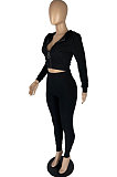 Black Preppy Simple Women's High Elastic Ribber Hoodie Tops Jogger Pants Plain Color Sets YC8056