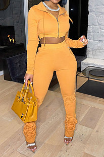 Yellow Women Pure Color Cardigan Hoodie Top Zipper Dew Waist Pants Sets LD81071-2