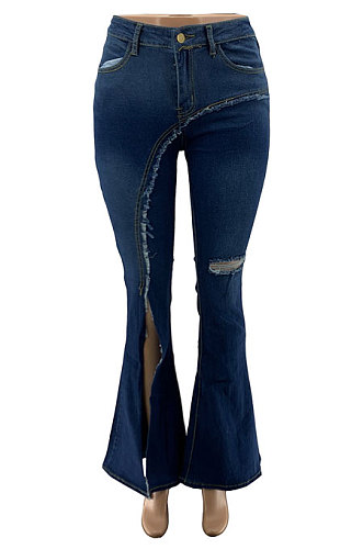 Blue Casual High Waist Hole Slit Jean Flare Pants SZS1001