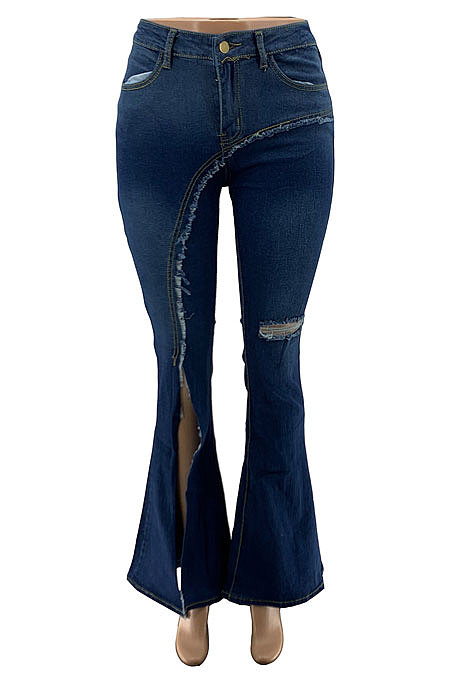 Blue Casual High Waist Hole Slit Jean Flare Pants SZS1001