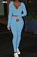 Sky Blue Women Ribber V Collar Long Sleeve Solid Color Bodycon Jumpsuits Pants Sets Q979-5