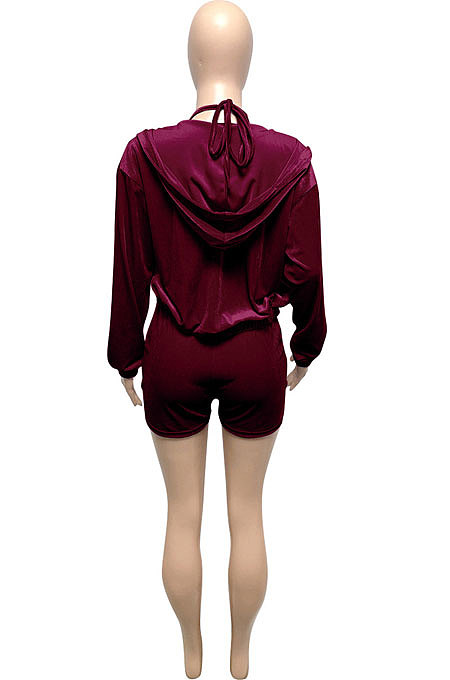 Pink Women Pure Color Tank Condole Belt Cardigan Korea Velvet Zipper Pocket Shorts Three Pieces Q976-1