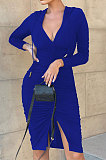 Blue Wholesale Casual Long Sleeve Deep V Neck Ruffle Slit Hooded Dress WY6854-3