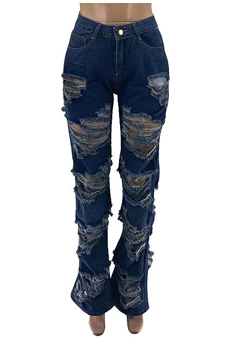 Dark Blue Wholesale New Modest Wave Hole Jean Pants SZS1003