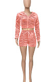 Pink Women Cardigan Short Crop Ruffle Korea Velvet Solid Color Zipper Shorts Sets Q975-1