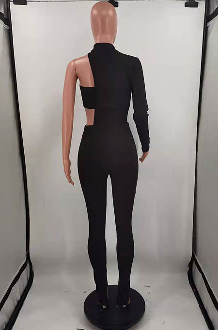 Black Fashion Sexy Ribber Pure Color  Strapless&One Sleeve Tops Slit Skinny Pants Three Piece HH10011-1