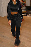 Pink Winter Women Solid Color Hoodie Top Long Sleeve Zipper Dew Waist Sexy Smooth Cloth Pants Sets LD81069-2
