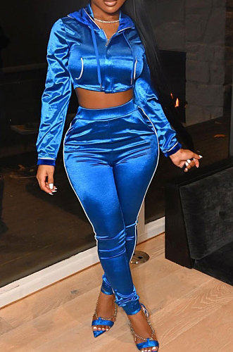 Blue Winter Women Solid Color Hoodie Top Long Sleeve Zipper Dew Waist Sexy Smooth Cloth Pants Sets LD81069-1