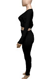 Black Women Ribber V Collar Long Sleeve Solid Color Bodycon Jumpsuits Pants Sets Q979-4
