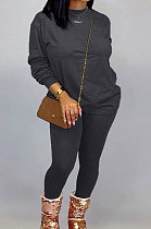 Black Women Long Sleeve Round Collar Pure Color Pants Sets LD86311-3