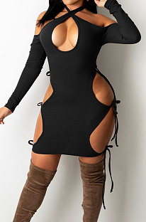 Black Night Club Sexy Ribber Halter Neck Bandage Hollow Out Hip Dress HH88989-3