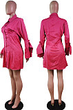 Blue Fashion Preppy Pure Color Horn Sleeve Single-Breasted Collect Waist Shirts Dress WY6861-1