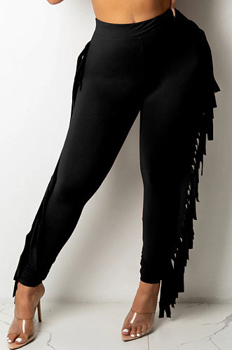 Black Women Fashion Solid Color Sexy Tassel Mid Waist Long Pants WMZ2683-1