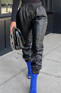 Black Luxe Simple Pu Leather Casual Pencil Pants DN8642-3