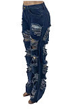 Dark Blue Wholesale New Modest Wave Hole Jean Pants SZS1003