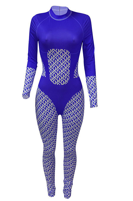 Black Women Contrast Color Positioning Printing High Waist Bodycon Jumpsuits Q967-2