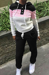 Black Casual  Preppy Thicken Spliced Long Sleeve Hoodie Tops Jogger Pants Sport Sets W8359-5