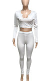 White Women Ribber V Collar Long Sleeve Solid Color Bodycon Jumpsuits Pants Sets Q979-1