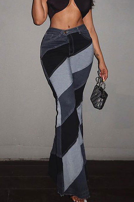Grey Modest New Matching Color Spliced Flare Pants SZS1002-2