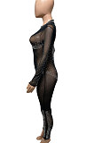 Black Women Sexy Bling Bling Mesh Spaghetti Mid Waist Bodycon Jumpsuits Q974-1