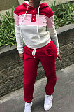 Red Casual  Preppy Thicken Spliced Long Sleeve Hoodie Tops Jogger Pants Sport Sets W8359-2