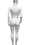 White Women Ribber V Collar Long Sleeve Solid Color Bodycon Jumpsuits Pants Sets Q979-1
