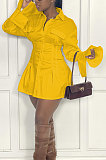Black Fashion Preppy Pure Color Horn Sleeve Single-Breasted Collect Waist Shirts Dress WY6861-2