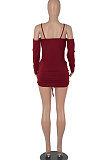 Yellow Women Pure Color Off Shoulder V Collar Bandage Drawsting Long Sleeve Mini Dress WMZ2680-4