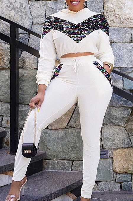 Black Casual Sport Sequins Spliced Long Sleeve Hoodie Tops Jogger Pants Sets SZS8191-3