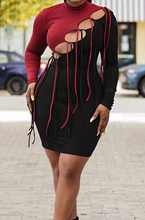 Red Black Nigh Club Sexy Spliced Bandage Tassel Long Sleeve High Neck Bodycon Hip Dress HH10010-2