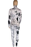 Pink White Fashion New Design Printed Long Sleeve High Neck Slim Fitting Jumpsuits YC8055
