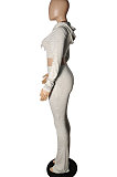 Gray Women Pure Color Cardigan Hoodie Top Zipper Dew Waist Pants Sets LD81071-1