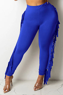 Bright Blue Women Fashion Solid Color Sexy Tassel Mid Waist Long Pants WMZ2683-4