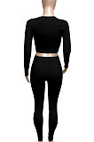 Black Women Ribber V Collar Long Sleeve Solid Color Bodycon Jumpsuits Pants Sets Q979-4