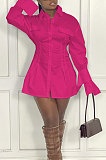 Blue Fashion Preppy Pure Color Horn Sleeve Single-Breasted Collect Waist Shirts Dress WY6861-1