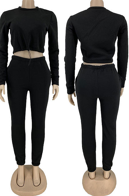 Black Modest New Cotton Hoody Tops Jogger Pants Plain Color Sets DN8643-4