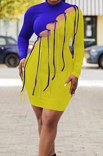 Blue Yellow Nigh Club Sexy Spliced Bandage Tassel Long Sleeve High Neck Bodycon Hip Dress HH10010-1