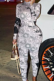 Pink White Fashion New Design Printed Long Sleeve High Neck Slim Fitting Jumpsuits YC8055