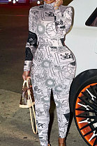 Pink White Fashion New Design Printed Long Sleeve High Neck Slim Fitting Jumpsuits YC8055