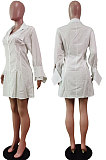 Blue Fashion Preppy Pure Color Horn Sleeve Single-Breasted Collect Waist Shirts Dress WY6861-1