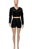 Pink Women Cardigan Short Crop Ruffle Korea Velvet Solid Color Zipper Shorts Sets Q975-1