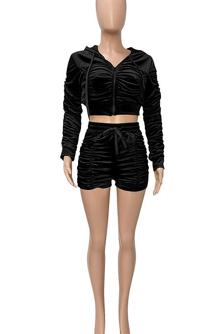 Pink Women Cardigan Short Crop Ruffle Korea Velvet Solid Color Zipper Shorts Sets Q975-1