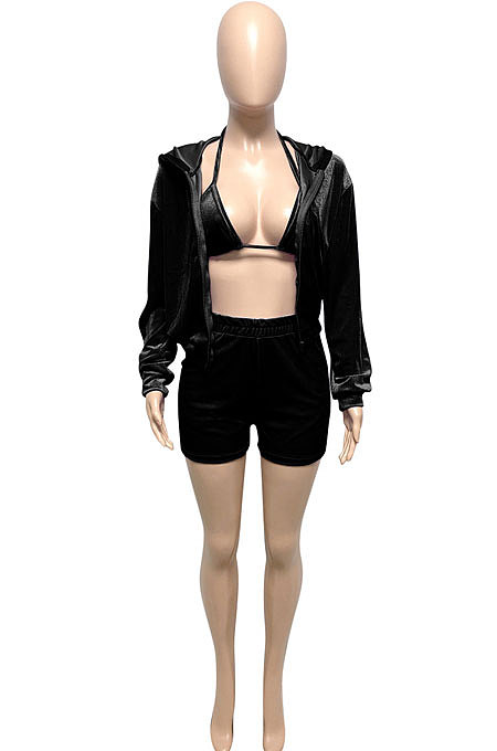 Pink Women Pure Color Tank Condole Belt Cardigan Korea Velvet Zipper Pocket Shorts Three Pieces Q976-1