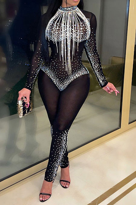 Black Women Sexy Bling Bling Mesh Spaghetti Mid Waist Bodycon Jumpsuits Q974-1