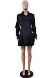 Blue Fashion Preppy Pure Color Horn Sleeve Single-Breasted Collect Waist Shirts Dress WY6861-1